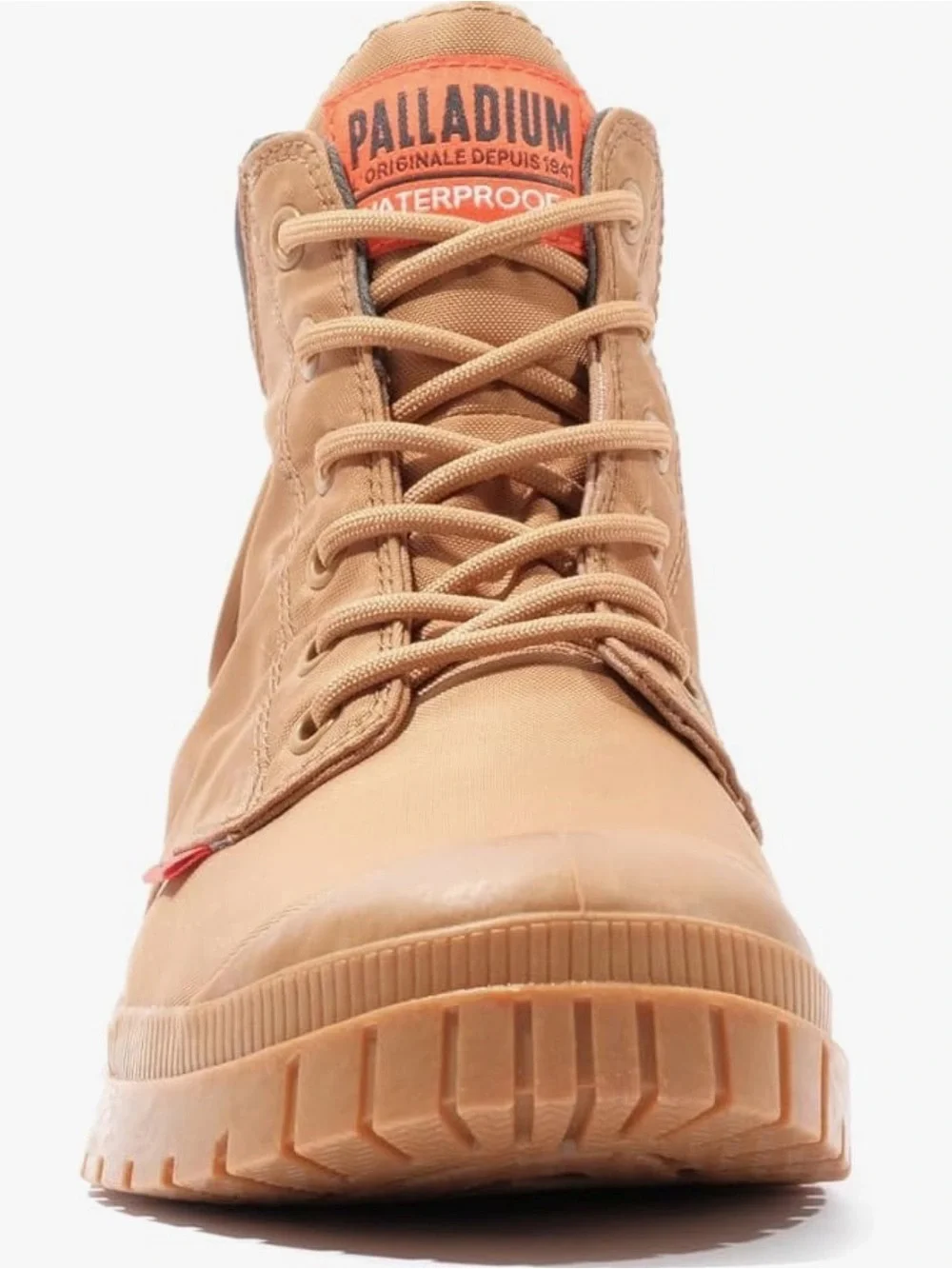 Palladium Men’s Tan Canvas Waterproof Lace-Up Boot with Orange Tag